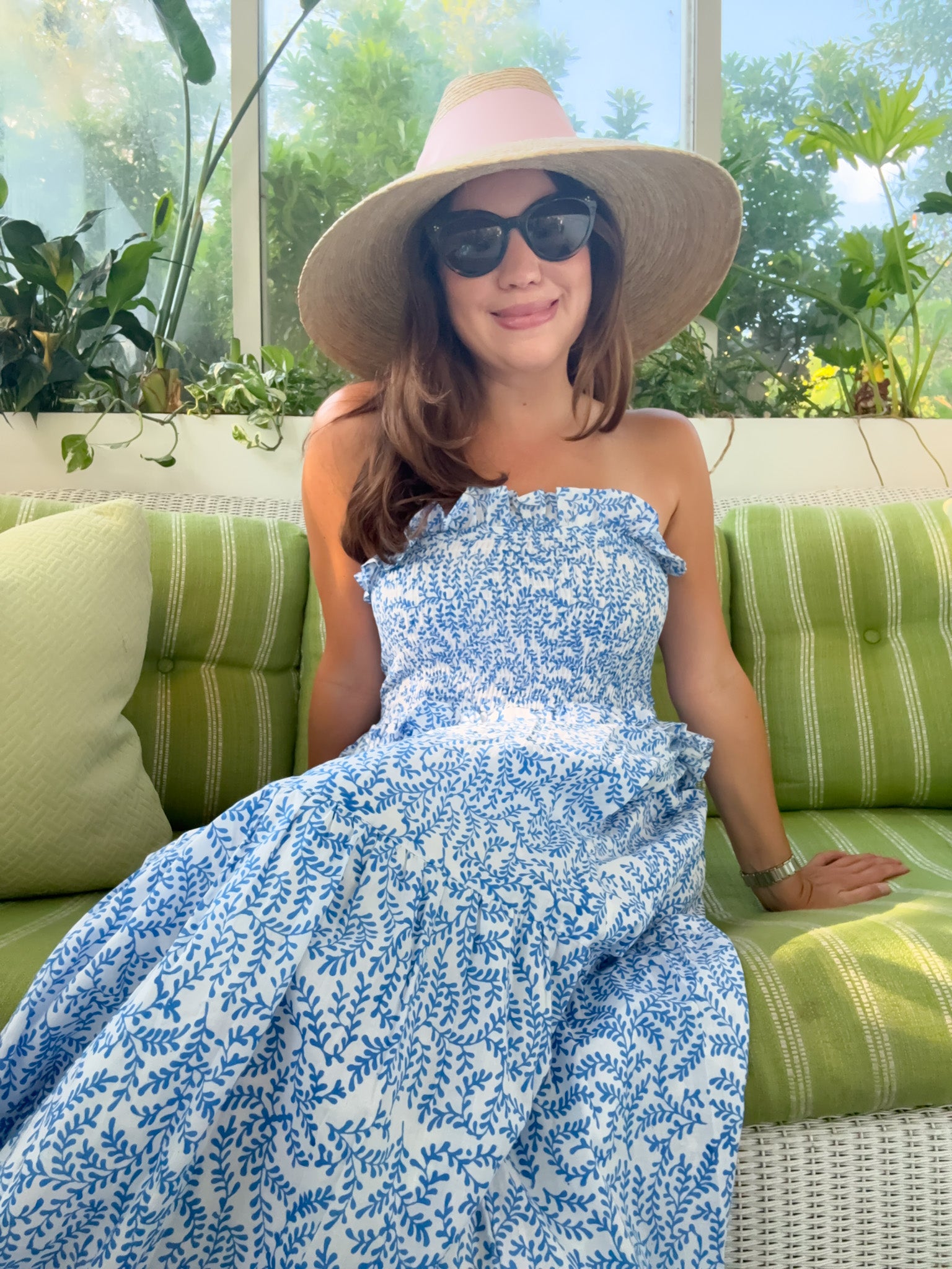 Sara Khatib in the Easy Breezy Dress in Cerulean Fern a classic blue and white  print 
